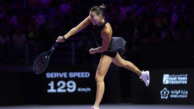 Aryna Sabalenka serves at the King Saud University Indoor Arena. Getty Images