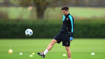 Arsenal’s Gabriel Paulista controls the ball during the team’s training session on Tuesday. Dan Mullan / Getty Images