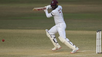 West Indies' Kyle Mayers plays a shot. AFP