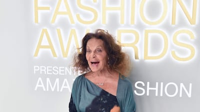 Belgian fashion designer Diane von Furstenberg wore a dress decorated with her portrait by the artist Andy Warhol.