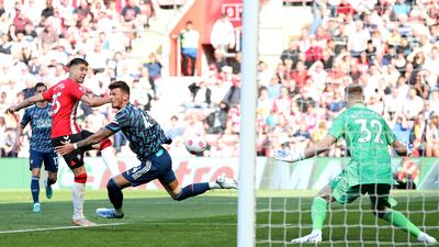 Southampton's Jan Bednarek scores the winning goal against Arsenal at St Mary's. PA