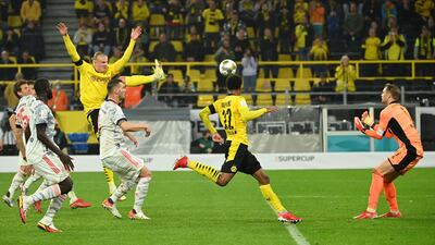 Dortmund forward Erling Braut Haaland goes for goal against Bayern.
