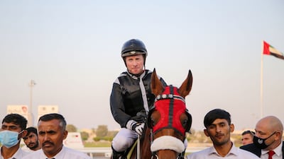 Tadhg O’Shea after winning on Al Ramz in Abu Dhabi’s final meeting of the season on Thursday, March 31, 2022. - ADEC