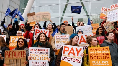 Junior doctors on strike outside University College Hospital in London. Bloomberg
