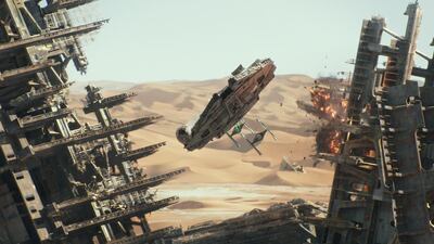 The Millennium Falcon in Star Wars: Episode VII –The Force Awakens. Film Frame / Lucasfilm / Disney
