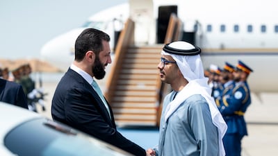Sheikh Abdullah bin Zayed, Deputy Prime Minister and Minister of Foreign Affairs, receives Mr Al Shara at Al Bateen Executive Airport