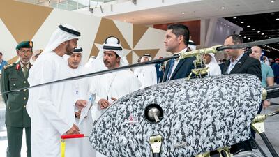 Sheikh Mohamed bin Zayed visits MP3 International at Umex. Seen with Lt Gen Hamad Al Romaithi, chief of staff of the UAE Armed Forces (left).