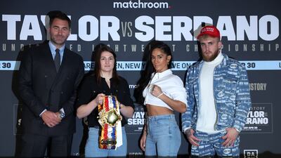 From left, promoter Eddie Hearn, boxers Katie Taylor and Amanda Serrano, and Jake Paul at The Leadenhall Building in London. Getty