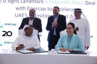 Mariam Almheiri, chief executive of 2PointZero, with Ahmed Omar, managing director of Enercap. Photo: 2PointZero