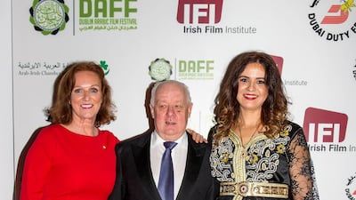 Sinead El Sibai, a representative of festival sponsor Dubai Duty Free, Jim Sheridan and Zahara Moufid at the opening night of Dublin Arabic Film Festival. Courtesy Dubiln Arab Film Festival