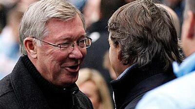Sir Alex Ferguson and Roberto Mancini exchanged pleasantries before the start of the game.