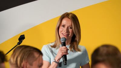 Estonian Prime Minister Kaja Kallas speaks in Tallinn after winning the election. Reuters