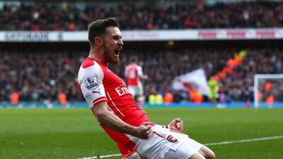 Aaron Ramsey of Arsenal celebrates scoring his team's second goal on Saturday against West Ham United at the Emirates Stadium. Ian Walton / Getty Images