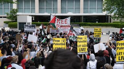 Palestinian supporters demonstrate outside the US State Department in Washington on May 11, 2021. Willy Lowry / The National