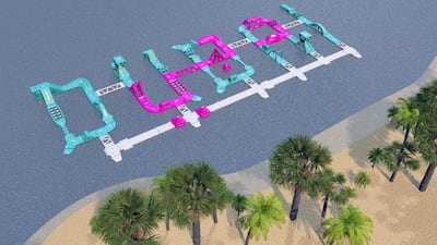 illustration of Dubai Aqua Park which is the newest addition to JBR. The park is designed as an inflatable obstacle course where visitors need to overcome a number of ramps, slides wiggle bridges, curves and towers to reach the end point. Courtesy Dubai Aqua Park