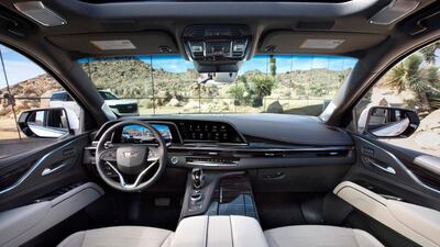 The Escalade has curved OLED screens with twice the pixel density of a 4K television.