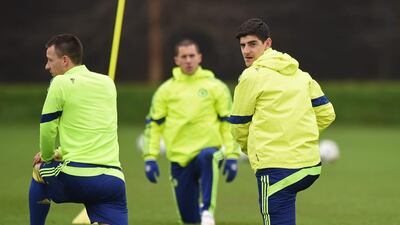 Chelsea’s Thibaut Courtois and John Terry during trainingon Monday. Action Images via Reuters / Tony O’Brien
