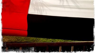 Day trip with friends to the Western Region and the Mazayin Dhafra Camel Festival, 220 kms west of Abu Dhabi on December 20, 2013. The UAE flag was wrapped around some palm trees outside the Tilal Liwa Hotel. Picture taken with the Hipstamatic app for the iPhone. Liz Claus / The National