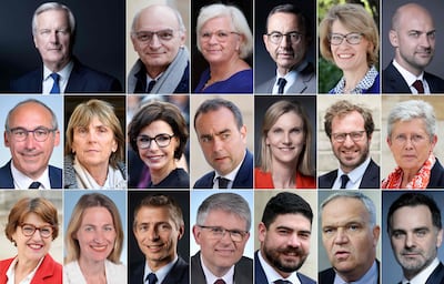 This combination of files photographs created on September 21, 2024 shows newly-appointed members of the cabinet of French Prime Minister Michel Barnier (top left) after its announcement (From top 1st row-top-from left) Justice Minister Didier Migaud; Minister for regional partnership and decentralisation, Catherine Vautrin; Interior Minister Bruno Retailleau; Education Minister Anne Genetet and Foreign and European Affairs Minister Jean-Noel Barrot. (2nd row-from left) Minister of Solidarity, Autonomy and Gender Equality Paul Christophe; Minister of housing and urban renewal Valerie Letard; Culture Minister Rachida Dati; Minister for the Armed Forces Sebastien Lecornu; Minister for Ecological Transition, Energy, Climate and risk prevention Agnes Pannier-Runacher; Minister for Economy, Finance and Industry Antoine Armand; Minister for Health and access to care Genevieve Darrieussecq. (Bottom row-from left) Minister of Agriculture, food sovereignty and forestry Annie Genevard; Minister of labour and employment Astrid Panosyan-Bouvet; Minister of sports, youth and associations Gil Averous; Higher Education and Research Minister Patrick Hetzel; Minister for the civil service, simplification and transformation of public action Guillaume Kasbarian; Minister attached to the Prime Minister, responsible for Overseas Francois-Noel Buffet; Minister attached to the Prime Minister, responsible for the budget and public accounts Laurent Saint-Martin. AFP