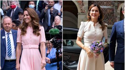 The Duchess of Cambridge wore a pale pink Beulah London dress to attend the Wimbledon Tennis Championships on July 11, 2021 in London, and Princess Mary wore the same dress in a neutral cream shade to attend the opening of an exhibition at Frederiksborg Castle in Hillerod, Denmark on June 16, 2020. WireImage, Shutterstock