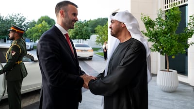 President Sheikh Mohamed receives Milojko Spajic, Prime Minister of Montenegro, before a meeting at Al Shati Palace. All images UAE Presidential Court