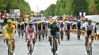 From left: UAE Team Emirates-XRG's Tadej Pogacar, wearing the overall leader's yellow jersey, EF Education-EasyPost team's Ecuadorian rider Richard Carapaz, in red polka dots best climber's jersey, Lidl-Trek team's Mads Pedersen, wearing the green jersey of best sprinter, and UAE Team Emirates-XRG's Isaac Del Toro, wearing the best climber's jersey, on Sunday. AFP