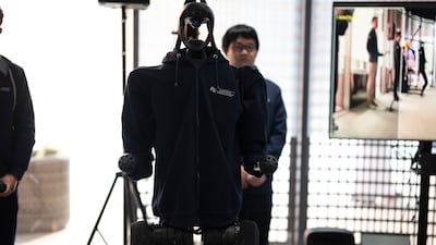 A robotics demonstration at MBZUAI. Sheikh Mohamed was briefed on the university's key global partnerships in the rapidly evolving field and on its academic programmes. Photo: Hamad Al Kaabi / UAE Presidential Court