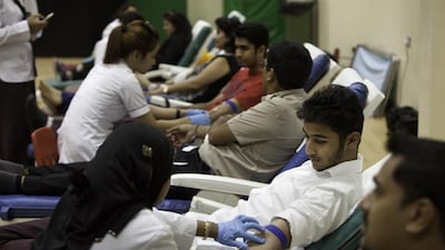 Pupils at Dubai Gems Private School give blood during their sixth donation drive, organised in association with Latifa Hospital. Jaime Puebla / The National