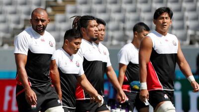 Japan team captain Michael Leitch and other teammates attend a training session at Tokyo Stadium as they prepare for the opening match of the Rugby World Cup 2019 against Russia on Friday. Reuters