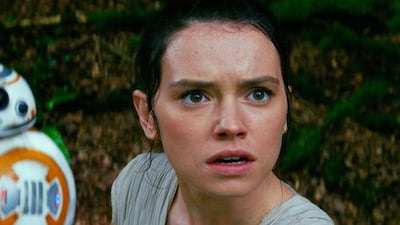 In this scene from "Star Wars: The Force Awakens", Rey and BB-8 hear how the film really ends. (Film Frame/Disney/Lucasfilm via AP)