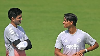 India captain Shubman Gill, left, and Yashasvi Jaiswal train ahead of the first Test against South Africa at the Eden Gardens in Kolkata. AFP
