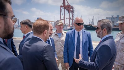 Syria’s Foreign Minister Asaad Al Shibani, second right, tours the Tartus Port on Sunday. Photo: SANA / X