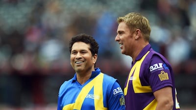 India cricketing legend Sachin Tendulkar and Australian great Shane Warne shown together in New York City on Saturday for their all-star Twenty20 match. Jewel Samad / AFP