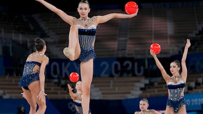 Bulgaria's rhythmic gymnastics' team, Simona Dyankova, Stefani Kiryakova, Madlen Radukanova, Laura Traets and Erika Zafirova, perform during the rhythmic gymnastics group all-around final.