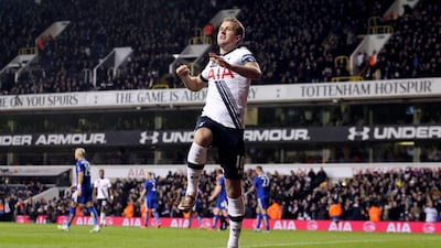 Harry Kane of Tottenham Hotspur celebrates scoring during the FA Cup third-round match against Leicester City at White Hart Lane on Sunday night. Harry Hubbard / Getty Images