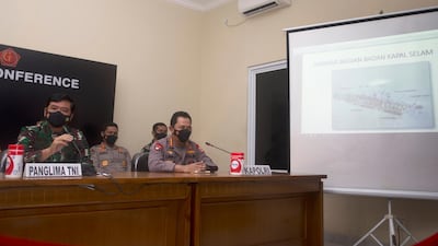 Indonesian Military chief Hadi Tjahjanto, left, shows an image of the Indonesian Navy submarine KRI Nanggala on a screen during a news conference at Ngurah Rai Military Air Base in Bali, Indonesia. AP Photo