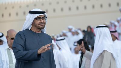 President Sheikh Mohamed arrives at the Sheikh Zayed Heritage Festival in Al Wathba to attend the Union Parade. Rashed Al Mansoori / Presidential Court