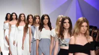 Models walk the runway during the Finale at the Lama Jouni show. Stuart C. Wilson / Getty Images for Fashion Forward