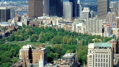 A view of the Boston Common and downtown business district.