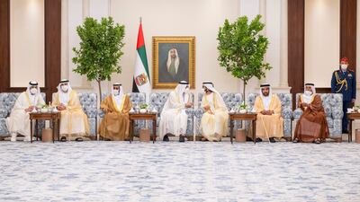 President Sheikh Mohamed receives Sheikh Hamdan bin Zayed, Ruler’s Representative in Al Dhafra Region; Sheikh Hamdan bin Mohammed, Crown Prince of Dubai; Sheikh Tahnoon bin Mohamed Al Nahyan, Ruler's Representative in Al Ain Region; Sheikh Mohammed bin Rashid, Vice-President and Ruler of Dubai; Sheikh Saif bin Mohamed Al Nahyan, and Sheikh Suroor bin Mohamed Al Nahyan, at an Eid Al Adha reception at Mushrif Palace. All photos: Presidential Court.
