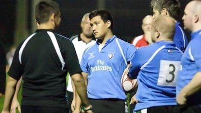 Johnattan Greenwood, centre, will make his international debut for the UAE national rugby team in the friendly at Tunisia.