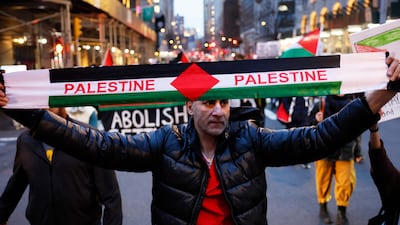 People march in New York calling on Israel to stop its invasion of Rafah in Gaza. AFP