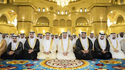 Sheikh Hamad bin Mohammed Al Sharqi, the Ruler of Fujairah, leads Eid Al Fitr prayers at the new Sheikh Zayed Mosque in Fujairah. Photo Courtesy WAM