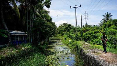 A security officer guards a side entrance on the walk to St Sebastian’s Church in Negombo, Sri Lanka, April 23, 2019. Jack Moore / The National.