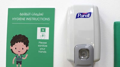 A hand sanitiser station outside a classroom. Courtesy: Jumeira Baccalaureate School