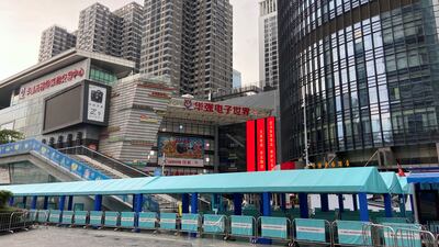 A coronavirus testing area in Shenzhen. Chinese factory activity remains depressed as the country continues to enforce Covid-19 movement restrictions. Reuters