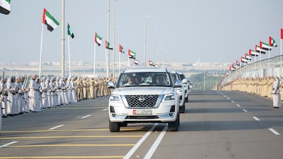 Sheikh Mohamed, King Hamad, Mr Ould Ghazouani and Sheikh Mansour arrive at the Sheikh Zayed Heritage Festival. Rashed Al Mansoori / Presidential Court