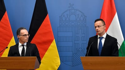Hungarian Minister of Foreign Affairs and Trade Peter Szijjarto (R) and his German counterpart Heiko Maas hold a joint press conference after their meeting in the Ministry of Foreign Affairs and Trade in Budapest, Hungary, 4 November 2019. EPA/Zoltan Mathe HUNGARY OUT