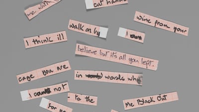 Cut up lyrics for Blackout from Heroes, 1977 by David Bowie. Photo: The David Bowie Archive