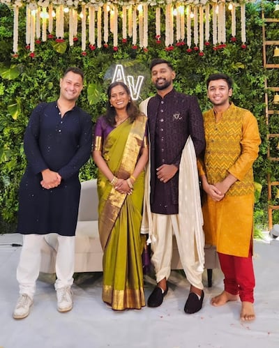 Bruno, left, with newlyweds Vatsa and Arya at a wedding he attended in Kerala. Photo: Bruno